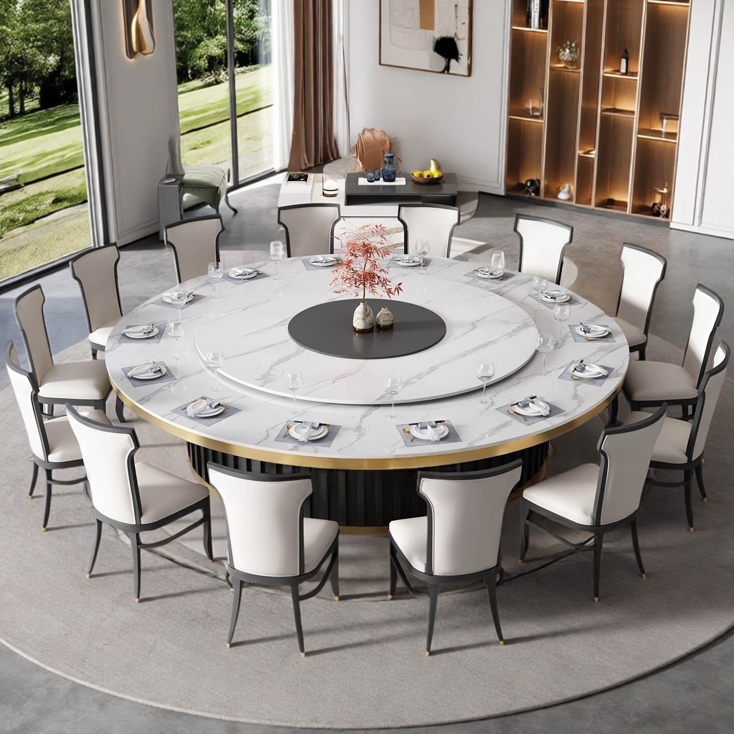 现代极简酒店轻奢岩板电动餐桌大圆桌饭店大理石隐形电磁炉宴会桌