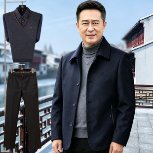爸爸商务呢子外套装春秋款中老年夹克男翻领秋冬款老年人爷爷衣服