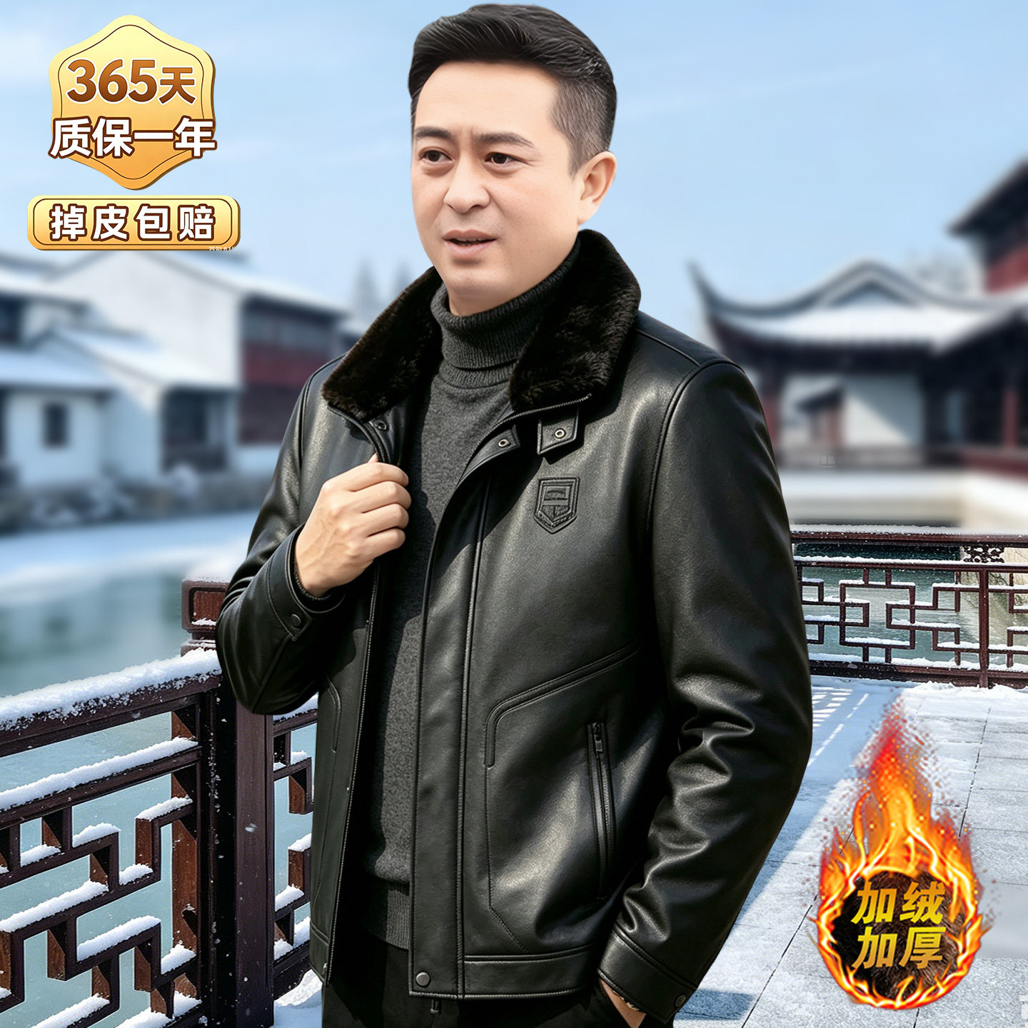 中老年皮衣男加绒加厚中年爸爸皮夹克外套短款老年人爷爷皮棉袄子