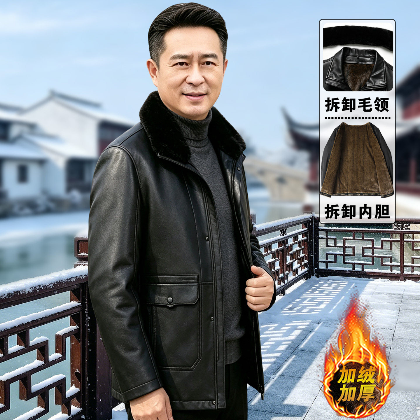 可拆卸中老年皮衣男加绒加厚爸爸冬季皮夹克外套老年人爷爷皮棉袄