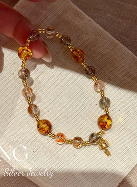 橙灰调手串 | S925银镀金花珀黑金超美拉德风复古新中式纯银珠串