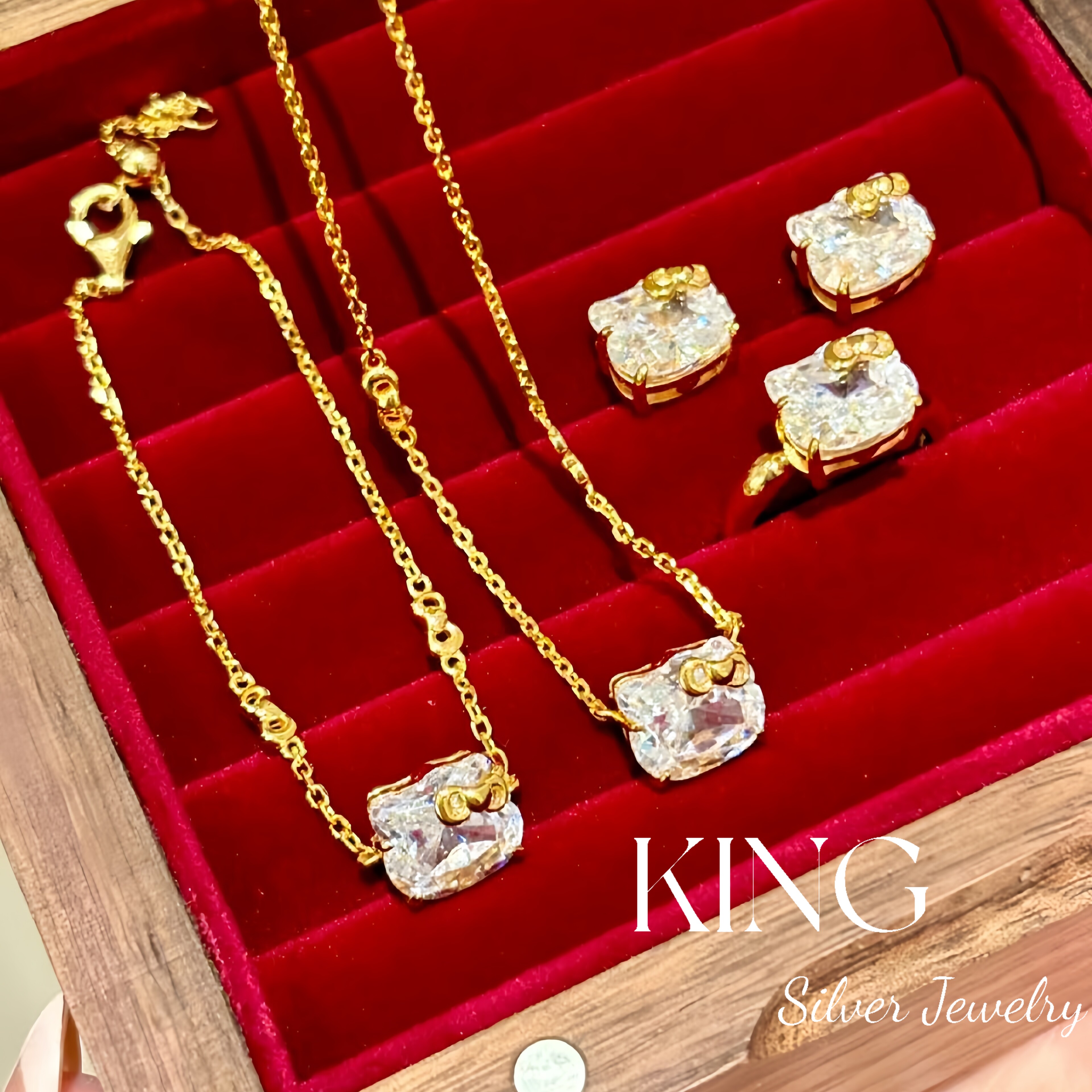 king银饰珠宝S925银KT猫戒指耳钉