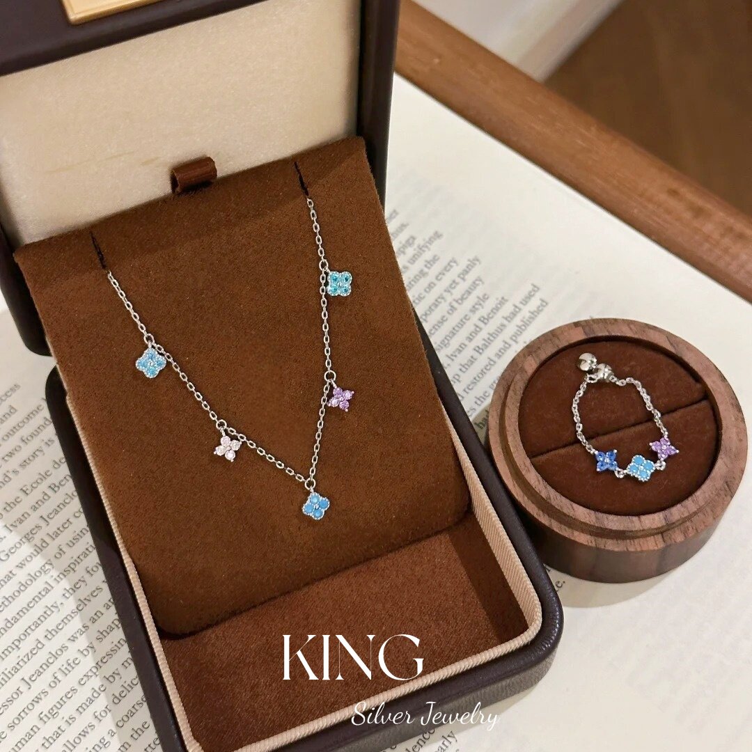 夏日四叶花 | king银饰珠宝S925银镀金蓝紫时尚纯银项链手链戒指