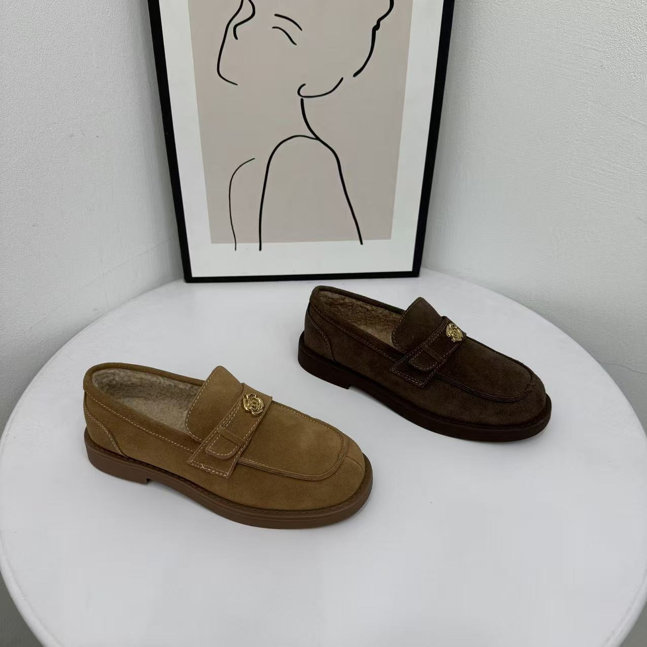 磨砂真皮懒人加绒乐福鞋女2025新款冬复古百搭平底单鞋加厚小皮鞋