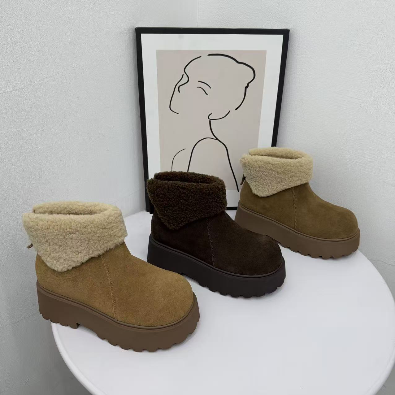 厚底增高羊羔绒保暖雪地靴女2025冬季新款后拉链加绒时尚勃肯棉鞋