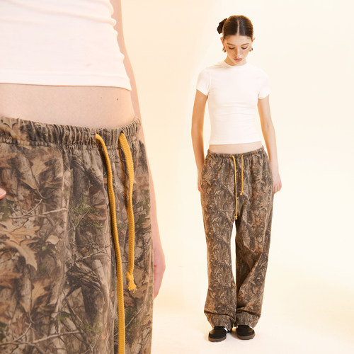 Cozydoll低饱和枫叶树枝图案全棉慵懒松弛舒适卫裤女长裤