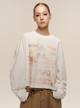 COZYDOLL美式街头复古软糯亲肤水洗弯刀袖设计感满印印花长袖T恤