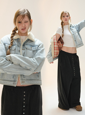 COZYDOLL设计感仿羊羔绒翻领夹克女舒适复古水洗宽松牛仔棉服外套