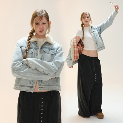 COZYDOLL设计感仿羊羔绒翻领夹克女舒适复古水洗宽松牛仔棉服外套