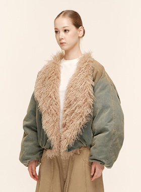 COZYDOLL斯拉夫风白鸭绒复古水洗做旧保暖毛领抽褶袖派克服羽绒服