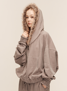 COZYDOLL美式街头复古水洗做旧毛领宽松慵懒设计感拉链连帽卫衣女