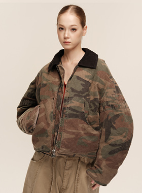 COZYDOLL巴恩风白鸭绒复古水洗做旧迷彩口袋廓形弯刀袖派克羽绒服