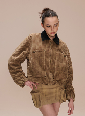 COZYDOLL复古巴恩风做旧翻领拼色灯芯绒大口袋抽绳刺绣短外套