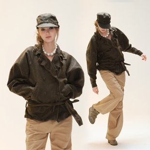 COZYDOLL 复古潮流做旧上衣女设计师蜡面风衣外套 Diy领口腰带