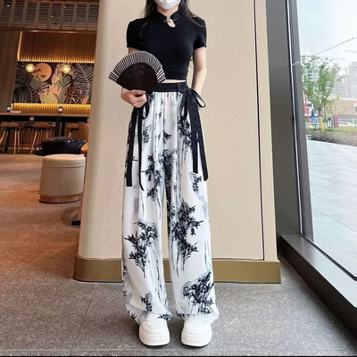 严选水墨画冰丝雪纺阔腿裤女夏季垂感长裤大码宽松飘带休闲直