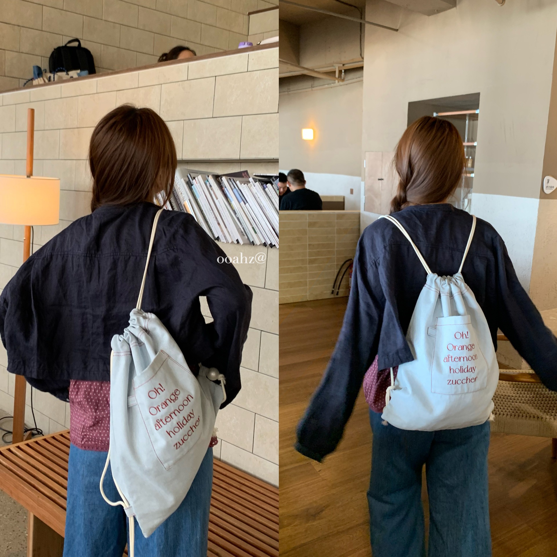 ooahz自制·假日糖霜~韩国小众牛仔刺绣抽绳双肩包慵懒上课背书包