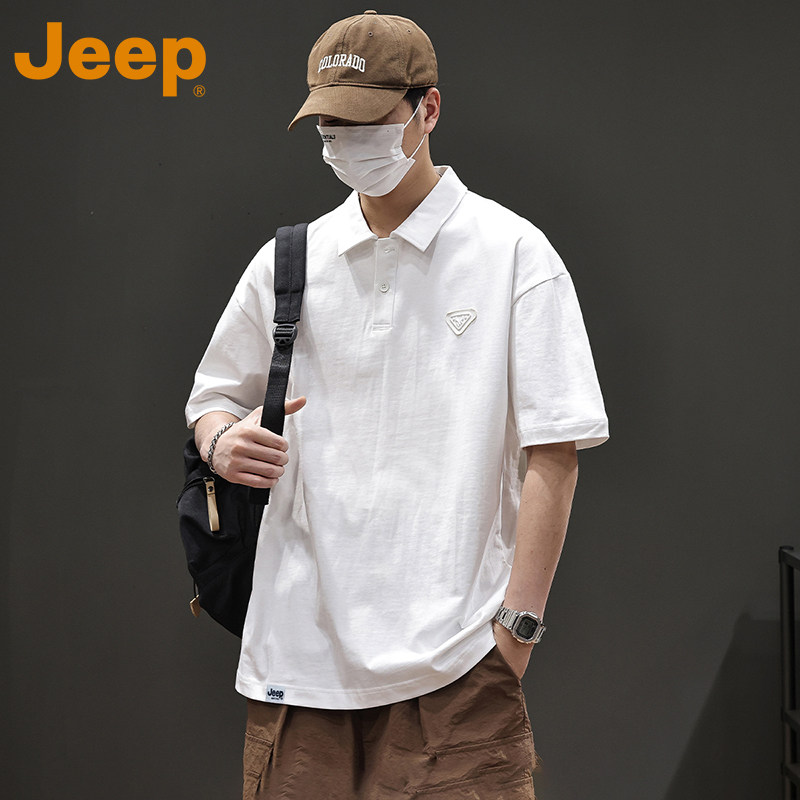 [重磅双纱]JEEP吉普纯棉polo衫男士夏季宽松透气短袖白色t恤男装