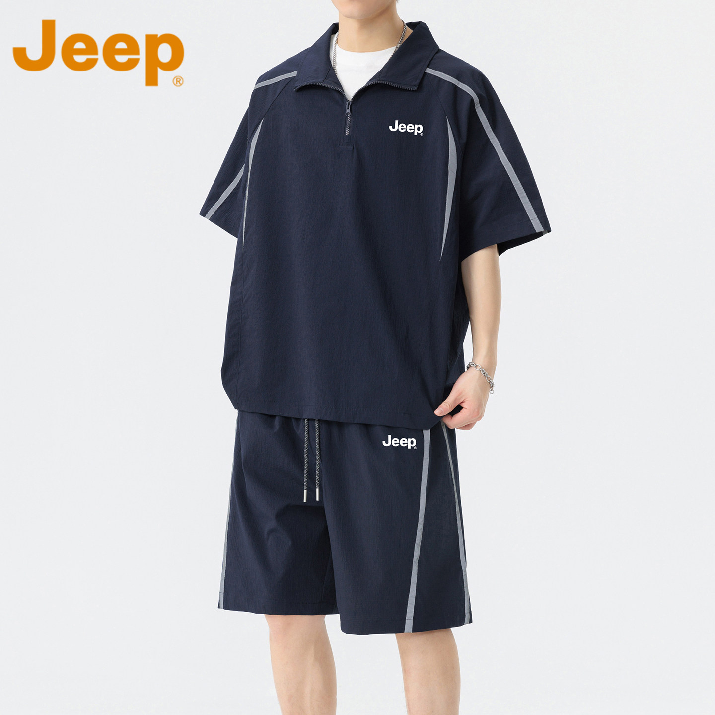 JEEP吉普休闲套装男士2026夏季新款半拉链速干短袖五分裤两件套男