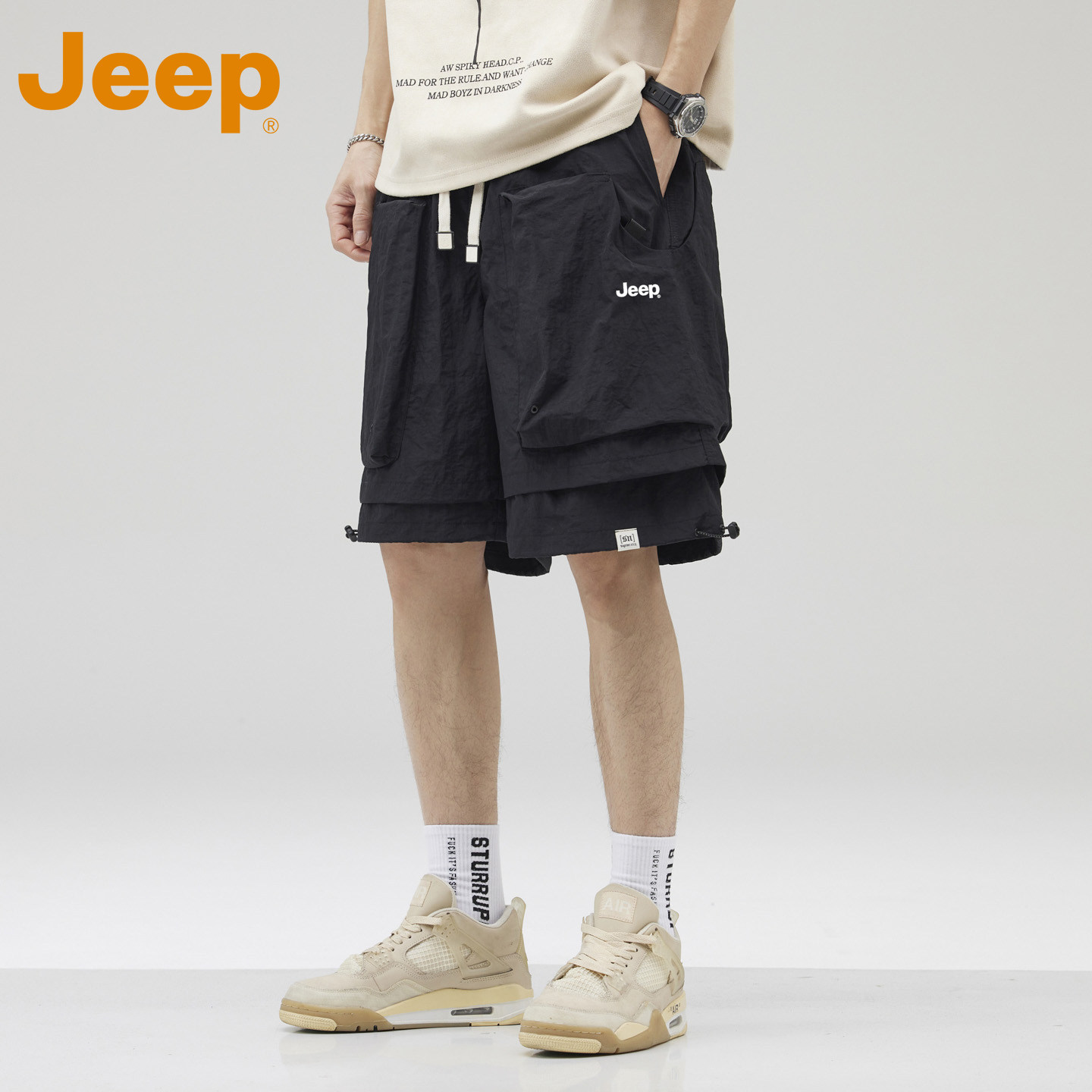 JEEP吉普冰丝工装短裤男士夏季新款宽松纯色百搭中裤休闲五分裤男