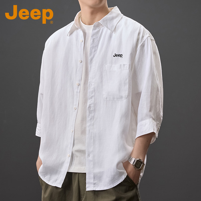 Jeep吉普天丝亚麻衬衫男款2026年秋季新款薄款透气纯色七分袖上衣