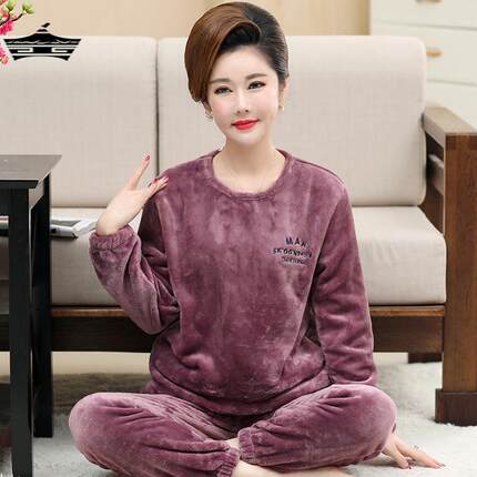 中年妈妈加厚珊瑚绒睡衣女秋冬季中老年法兰绒加绒大码家居服套装