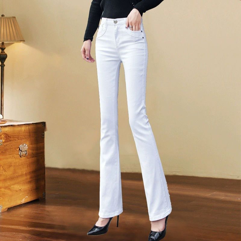 2025秋冬加绒白色微喇叭牛仔裤女士高腰弹力显瘦修身大码休闲裤子