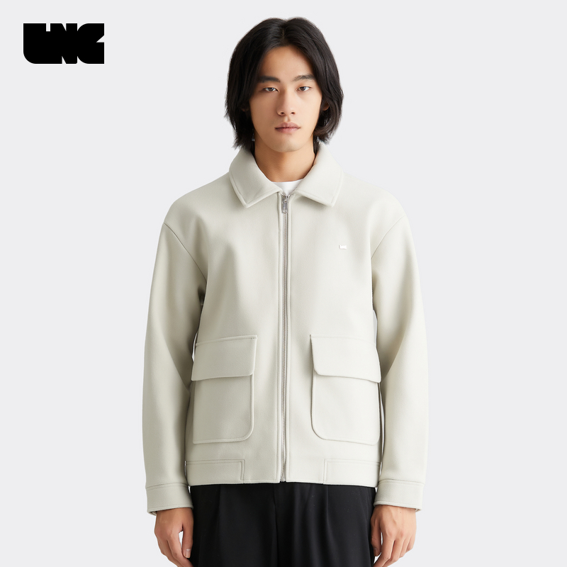 LNG秋冬新品毛呢翻领茄克服外套男宽松休闲老钱风拉链短外套