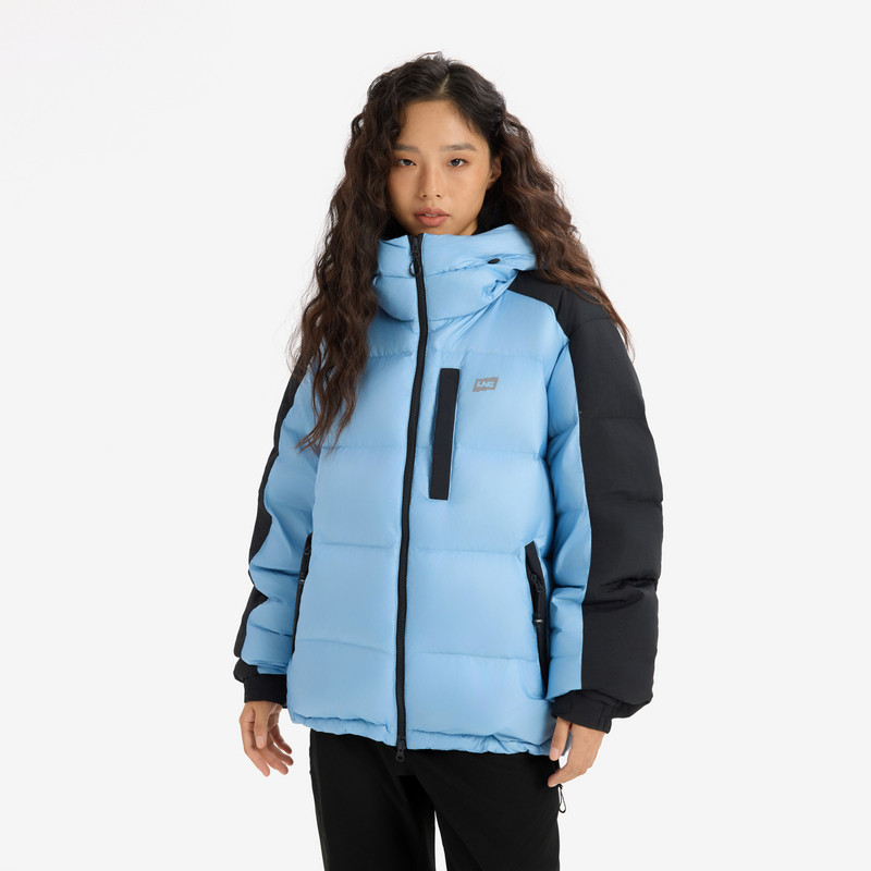 LNG25冬新品男女同款户外休闲运动防绒防泼水连帽撞色羽绒服