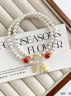 新款 足银999 双圈古法南红描金福到猫手串原创设计送女朋友礼物