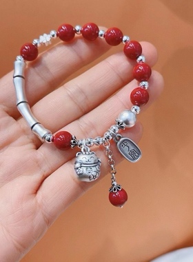 足银999竹节步步高升招财猫手链搭配原矿朱砂复古款时尚龙年手链