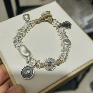 新款足银999国风黄财神盘缠手链民族风藏式锤纹钱串子男女手串