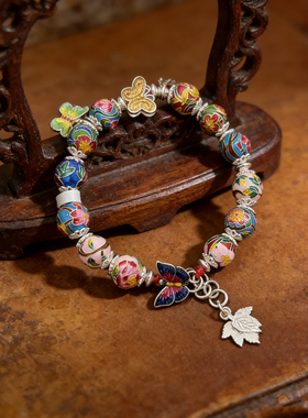新款足银999珐琅十二花神纯银手链女新中式国风珐琅彩蝴蝶手串