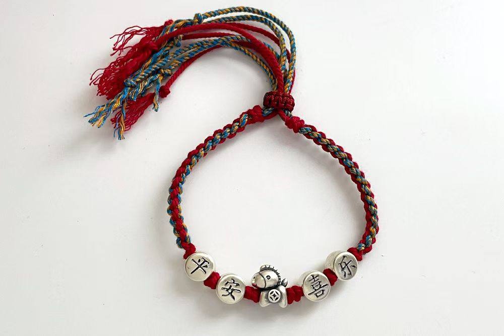 足银999平安喜乐盘缠红绳手链纯银转运手绳礼物国风编绳送男女友
