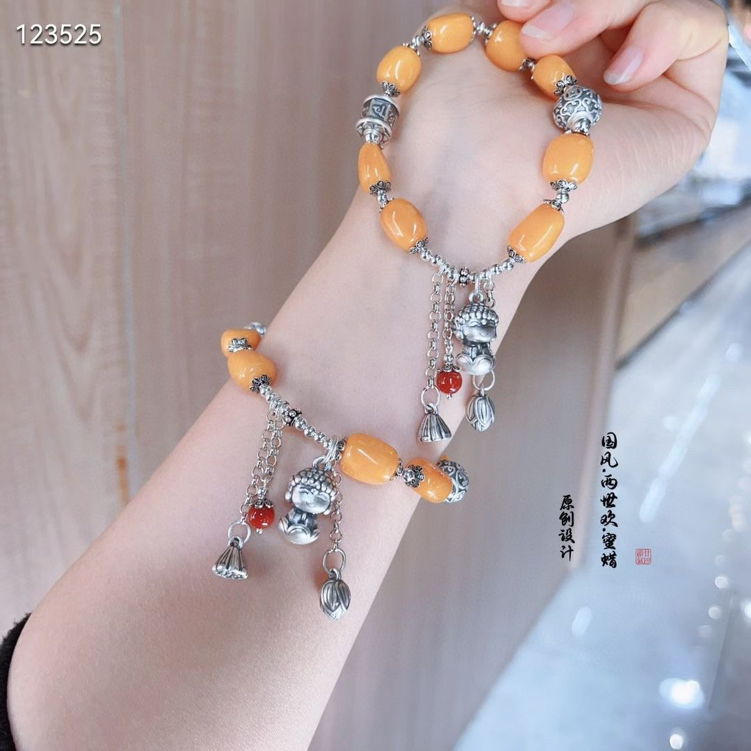 新款999纯银蜜蜡手链宝宝佛女国风新中式简约百搭手串生日礼物
