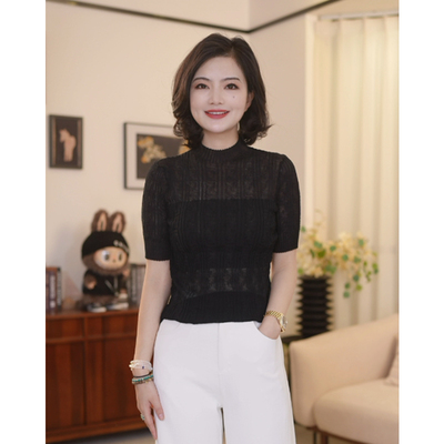 小半高领暗纹短袖T恤女针织上衣
