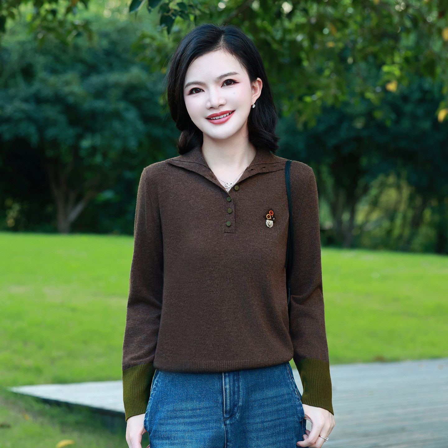 枫竺阿楠全羊毛高级感半开襟撞色纽扣刺绣长袖针织衫秋装新款毛衣