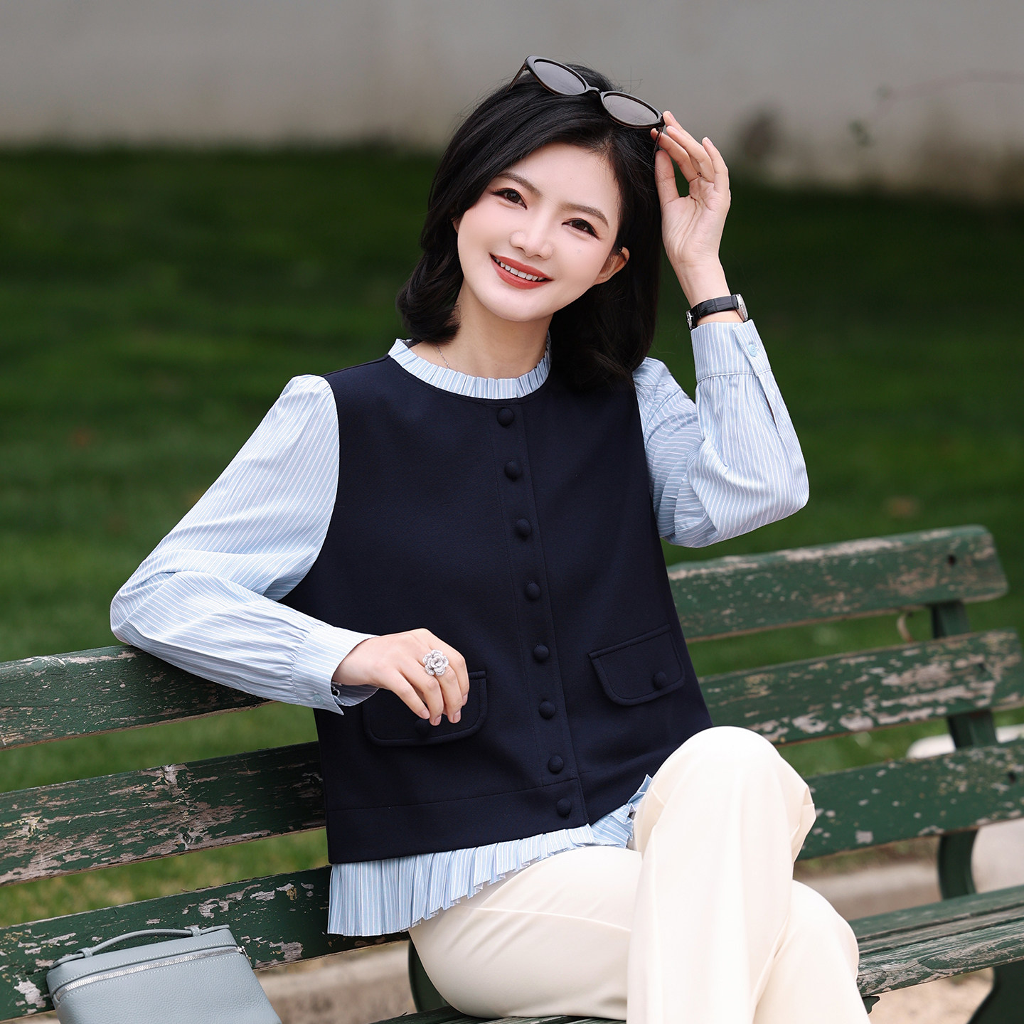 【假两件衬衫】枫竺春款2026新款女装高智花边领撞色马甲拼接衬衣