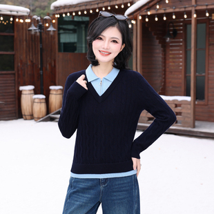【假两件针织衫】枫竺高智半拉链翻领拼接羊毛衫女冬季叠穿毛衣