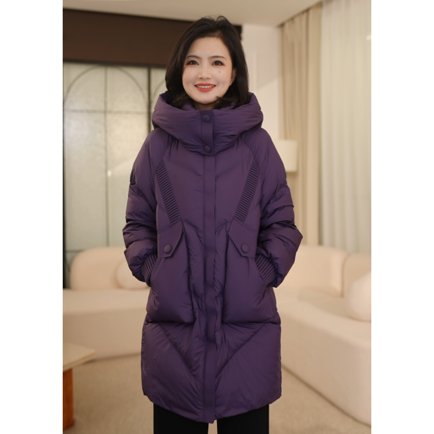 连帽立领加厚中长款羽绒服女