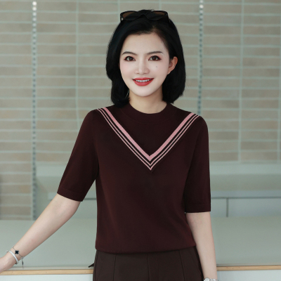 枫竺阿楠兰精天丝立领撞色显瘦中袖针织衫女初秋新款减龄洋气上衣