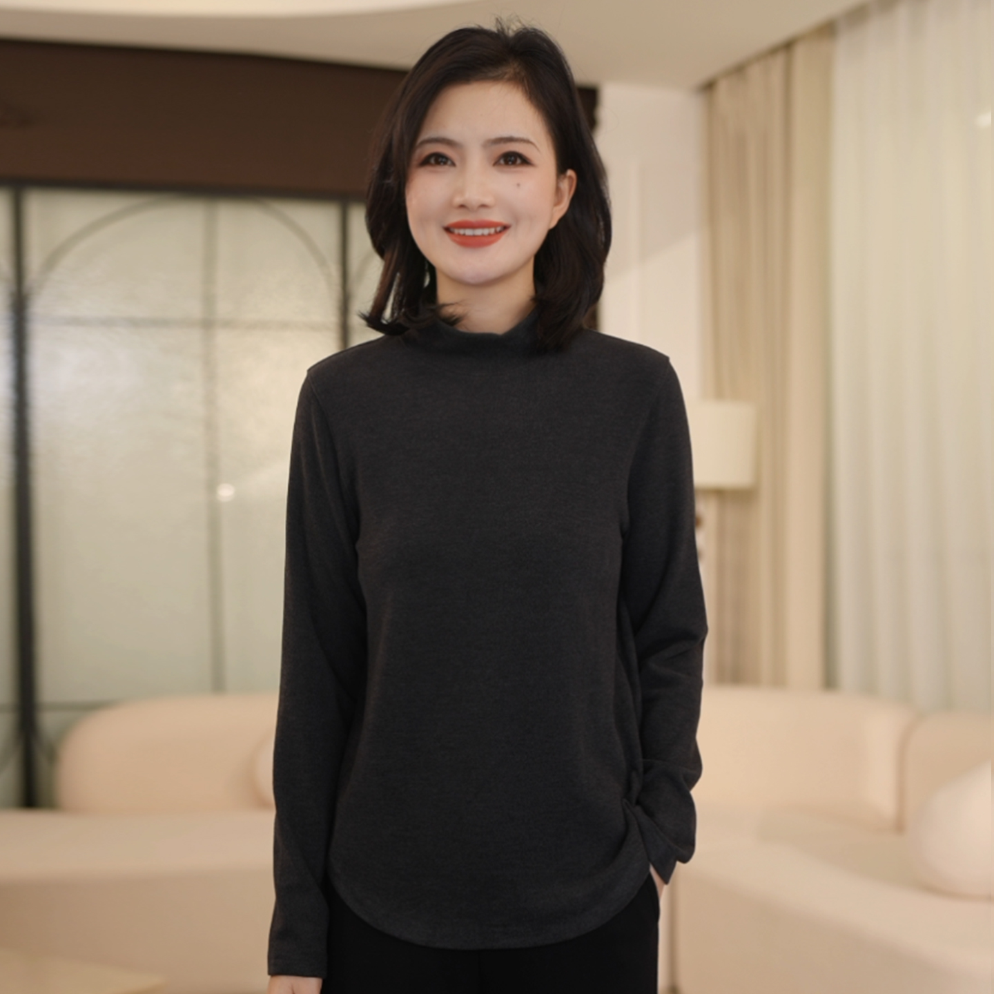 半高领绒感加厚保暖长袖T恤上衣