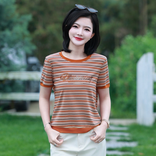 莱赛尔条纹显瘦烫钻短袖T恤女