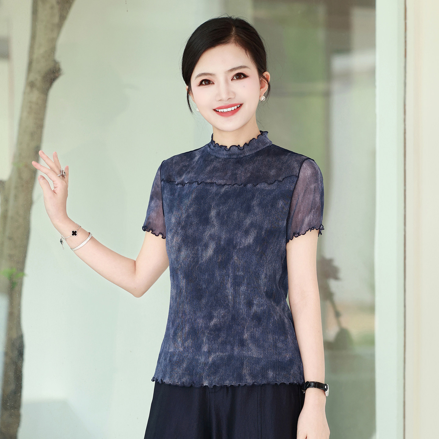 枫竺阿楠木耳边立领印花针织桑蚕丝上衣女夏季洋气时髦气质真丝衫