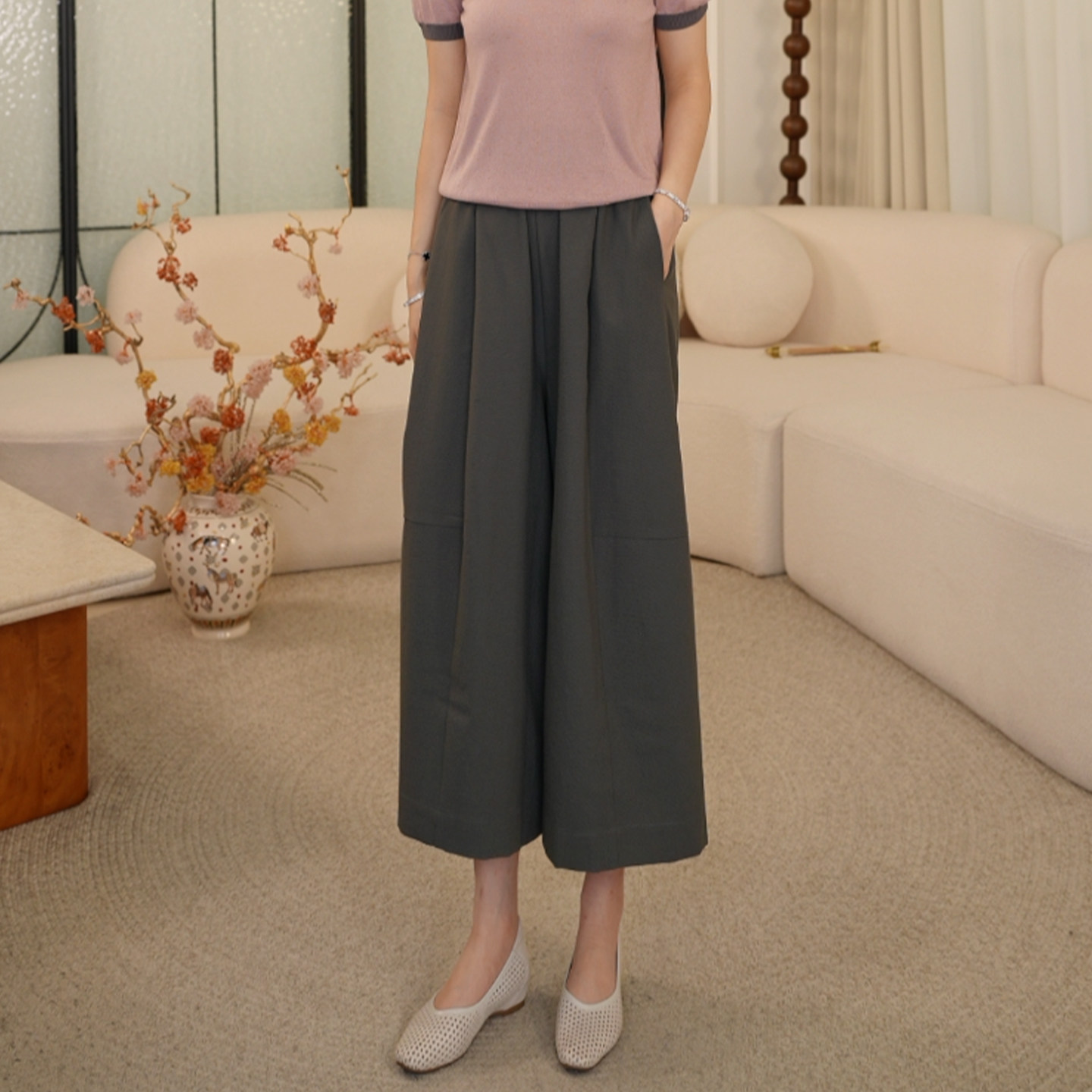 枫竺阿楠全松紧腰百搭八分休闲阔腿裤女2026夏季新款时尚凉爽裙裤