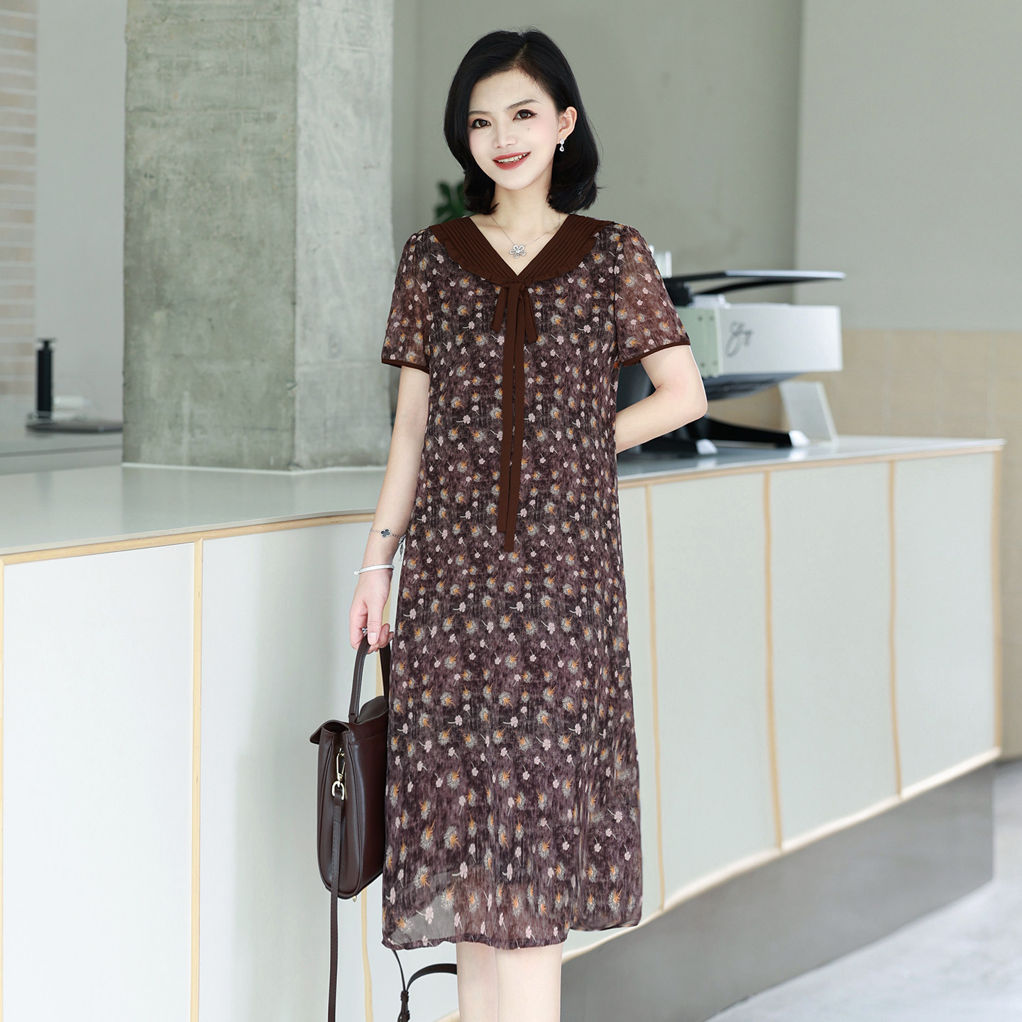 枫竺阿楠中年妈妈碎花连衣裙夏季