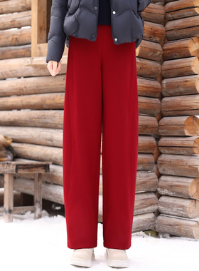 枫竺松紧腰加绒加厚显瘦显腿长弯刀裤女2025冬季红色通勤面料裤