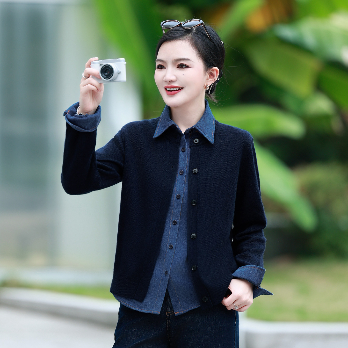 撞色假两件牛仔针织毛衣开衫外套
