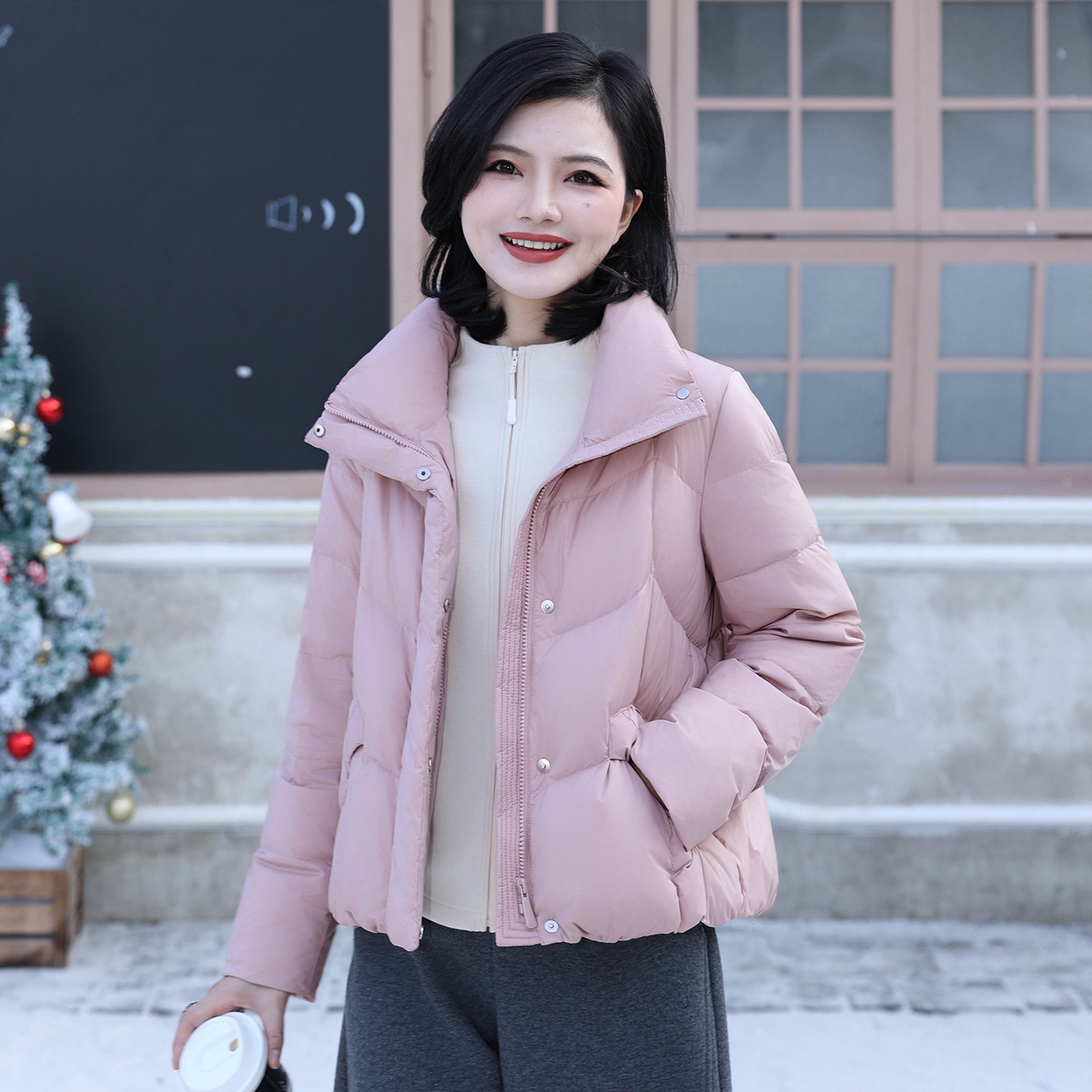 粉色气质立领短款90白鸭绒羽绒服
