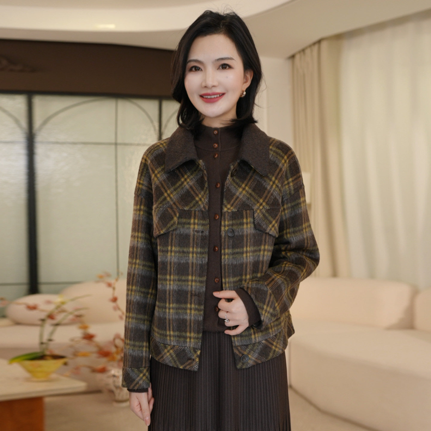枫竺阿楠羊毛格纹双面呢短大衣女