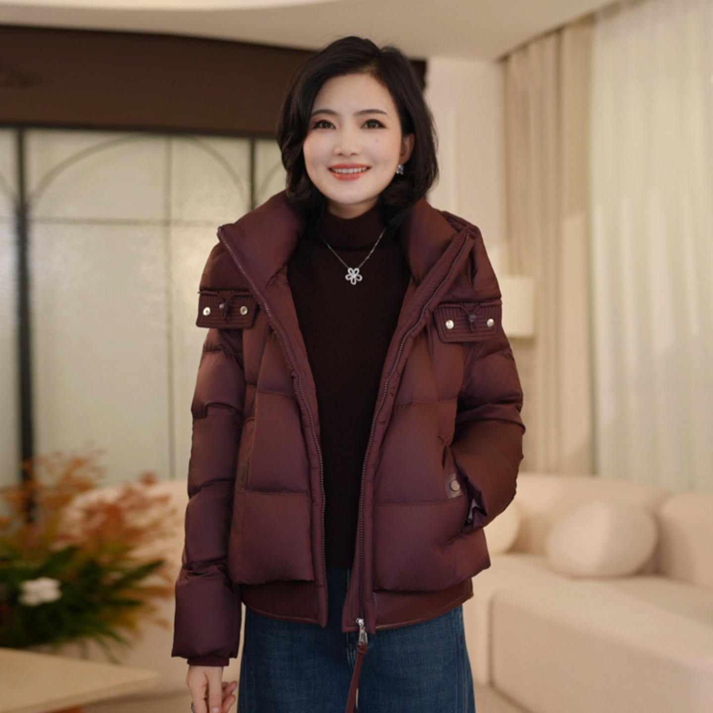 枫竺阿楠anan90白鸭绒拼接下摆羊毛连帽加厚羽绒服女冬季羽绒外套